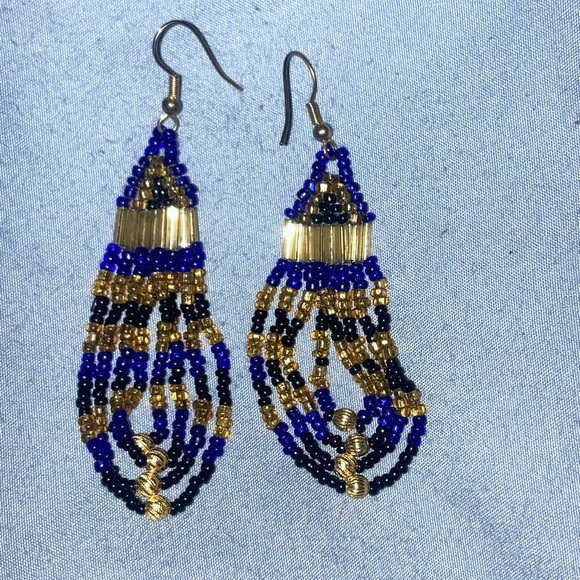 Jewelry - Vintage Blue & Gold Beaded Drop Earrings - Women Jewelry